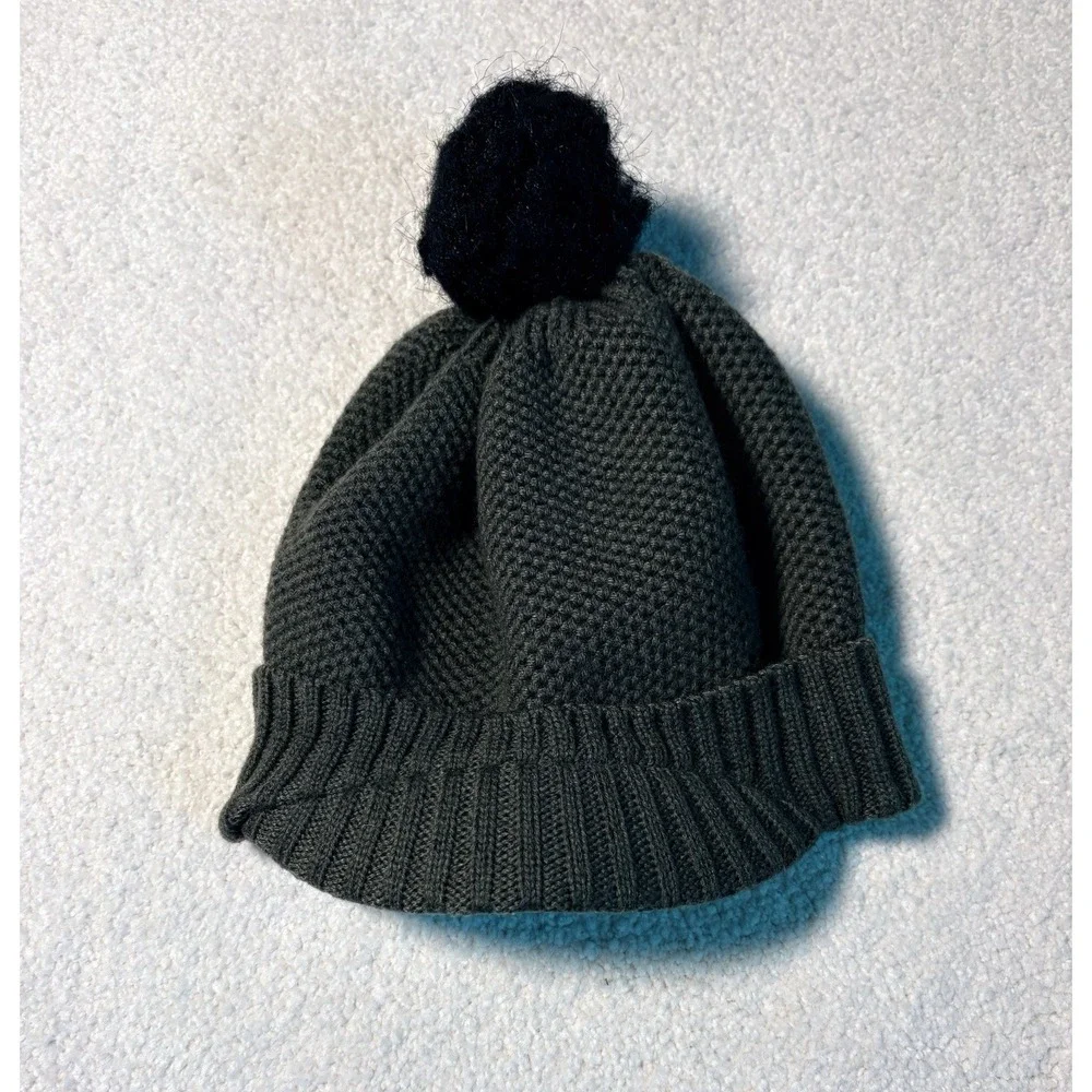 Pistil Olive Green Wool Blend Knit Pom Beanie Faux Fur Cuffed Winter Hat